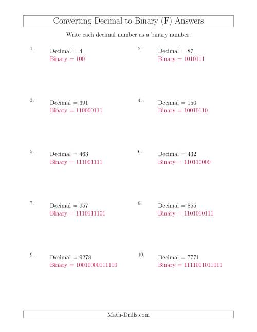 The Converting Decimal Numbers to Binary Numbers (F) Math Worksheet Page 2