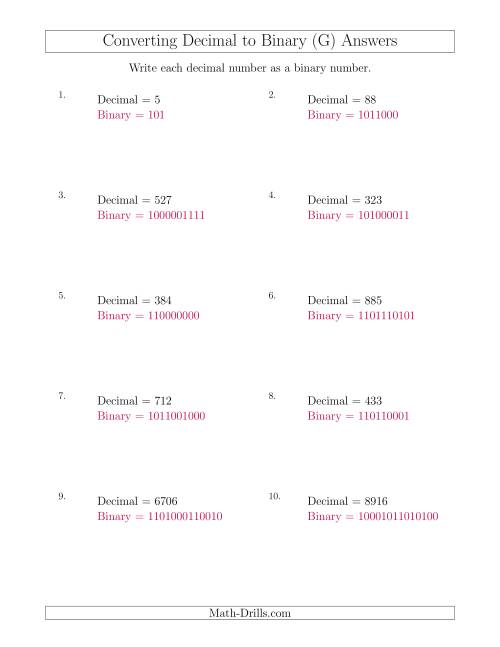 The Converting Decimal Numbers to Binary Numbers (G) Math Worksheet Page 2