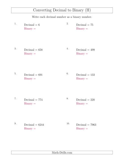 The Converting Decimal Numbers to Binary Numbers (H) Math Worksheet