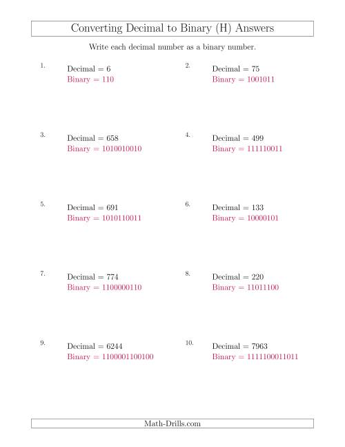 The Converting Decimal Numbers to Binary Numbers (H) Math Worksheet Page 2
