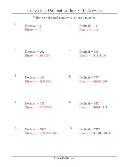 The Converting Decimal Numbers to Binary Numbers (I) Math Worksheet Page 2