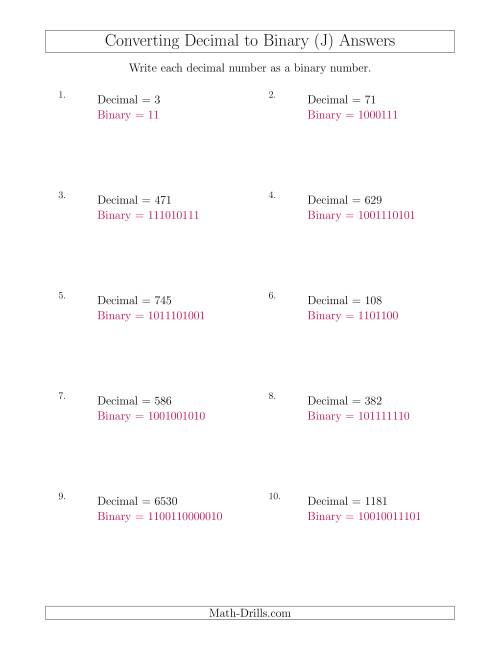 The Converting Decimal Numbers to Binary Numbers (J) Math Worksheet Page 2