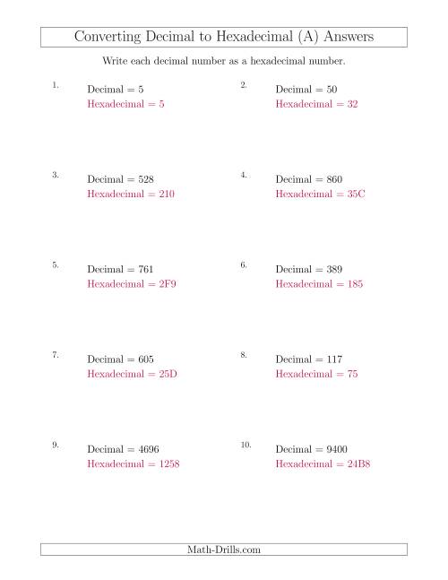 The Converting Decimal Numbers to Hexadecimal Numbers (A) Math Worksheet Page 2
