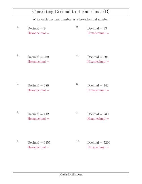 The Converting Decimal Numbers to Hexadecimal Numbers (B) Math Worksheet