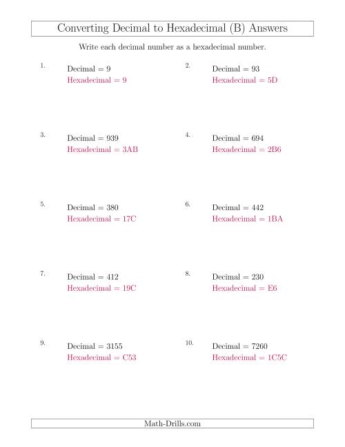 The Converting Decimal Numbers to Hexadecimal Numbers (B) Math Worksheet Page 2