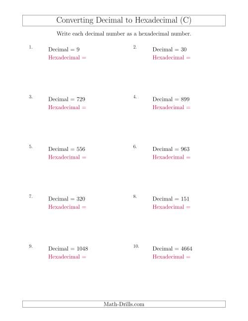 The Converting Decimal Numbers to Hexadecimal Numbers (C) Math Worksheet