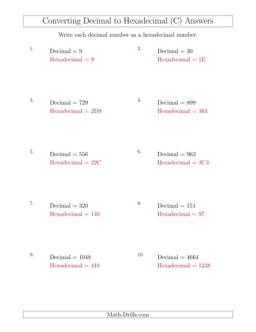 The Converting Decimal Numbers to Hexadecimal Numbers (C) Math Worksheet Page 2