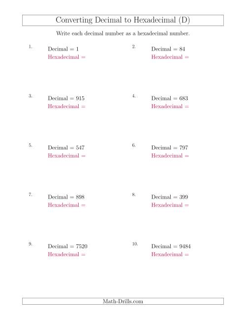 The Converting Decimal Numbers to Hexadecimal Numbers (D) Math Worksheet