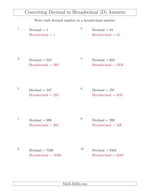 The Converting Decimal Numbers to Hexadecimal Numbers (D) Math Worksheet Page 2