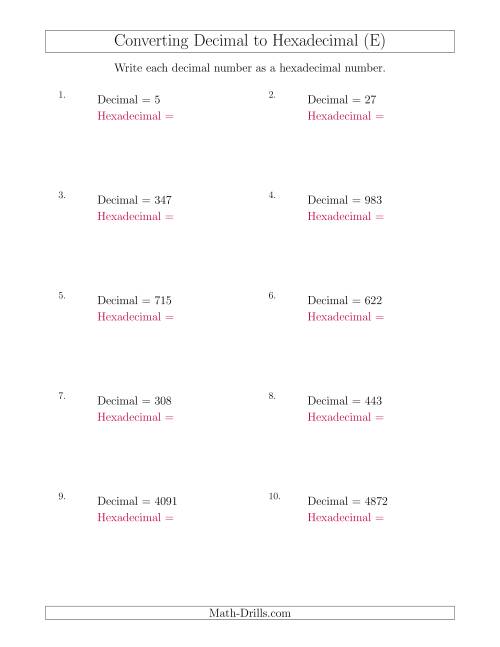 The Converting Decimal Numbers to Hexadecimal Numbers (E) Math Worksheet