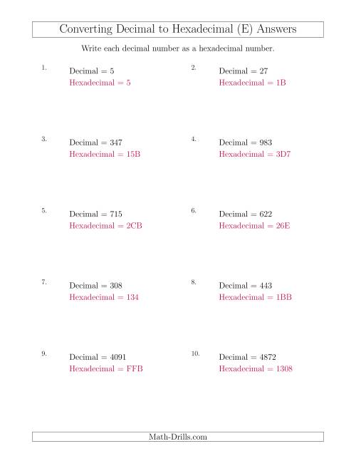 The Converting Decimal Numbers to Hexadecimal Numbers (E) Math Worksheet Page 2