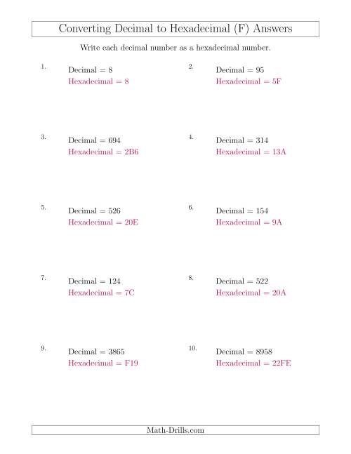 The Converting Decimal Numbers to Hexadecimal Numbers (F) Math Worksheet Page 2