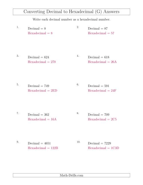 The Converting Decimal Numbers to Hexadecimal Numbers (G) Math Worksheet Page 2