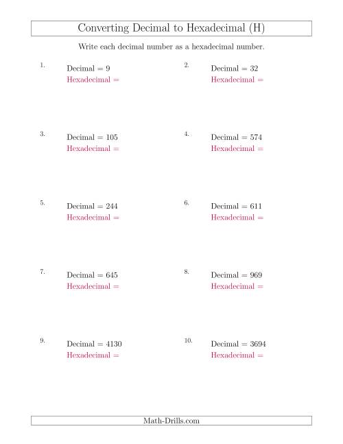 The Converting Decimal Numbers to Hexadecimal Numbers (H) Math Worksheet