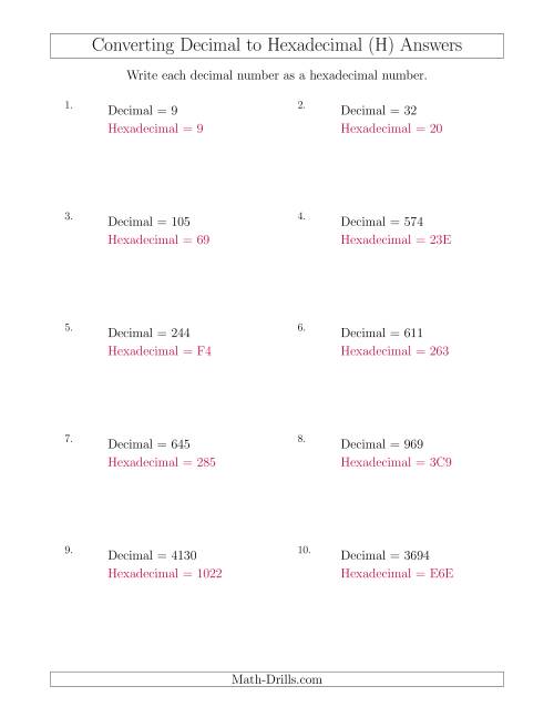 The Converting Decimal Numbers to Hexadecimal Numbers (H) Math Worksheet Page 2