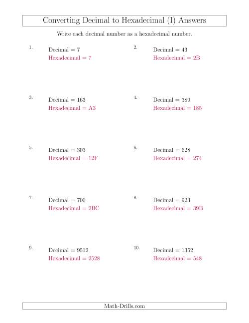 The Converting Decimal Numbers to Hexadecimal Numbers (I) Math Worksheet Page 2