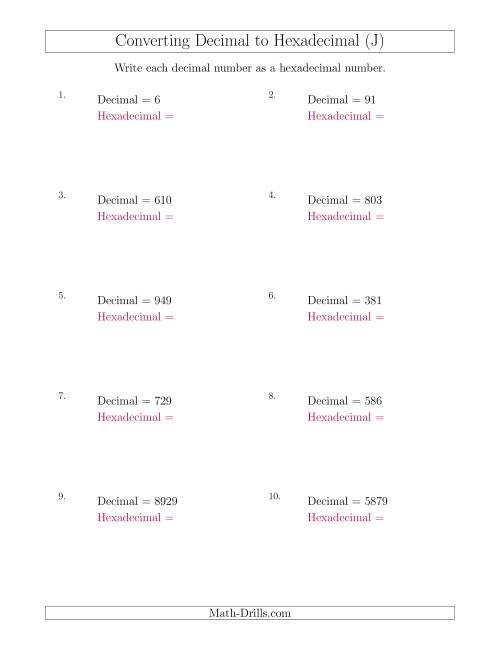 The Converting Decimal Numbers to Hexadecimal Numbers (J) Math Worksheet