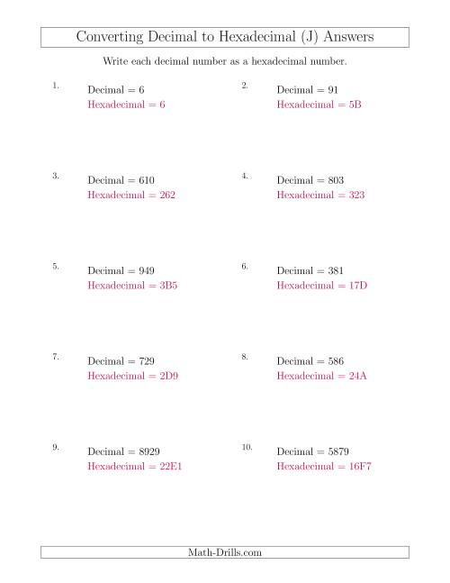 The Converting Decimal Numbers to Hexadecimal Numbers (J) Math Worksheet Page 2