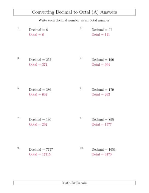 The Converting Decimal Numbers to Octal Numbers (A) Math Worksheet Page 2