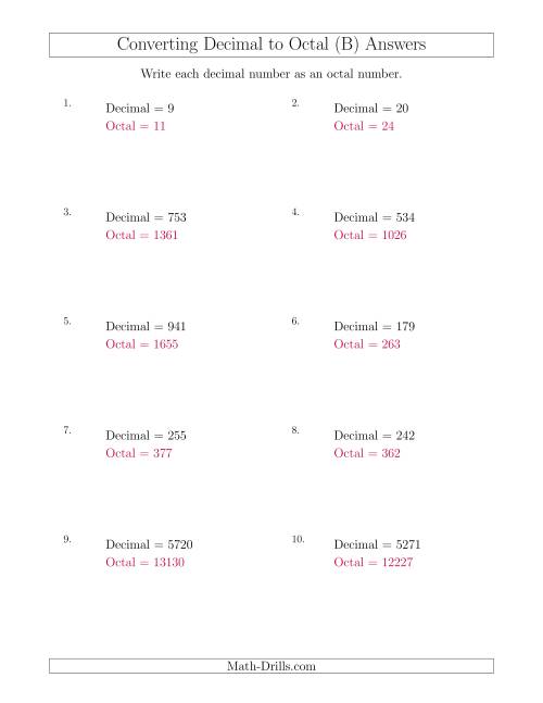 The Converting Decimal Numbers to Octal Numbers (B) Math Worksheet Page 2