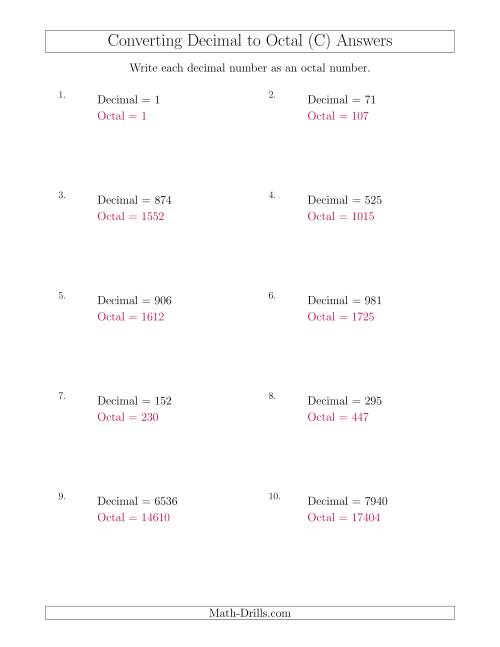 The Converting Decimal Numbers to Octal Numbers (C) Math Worksheet Page 2