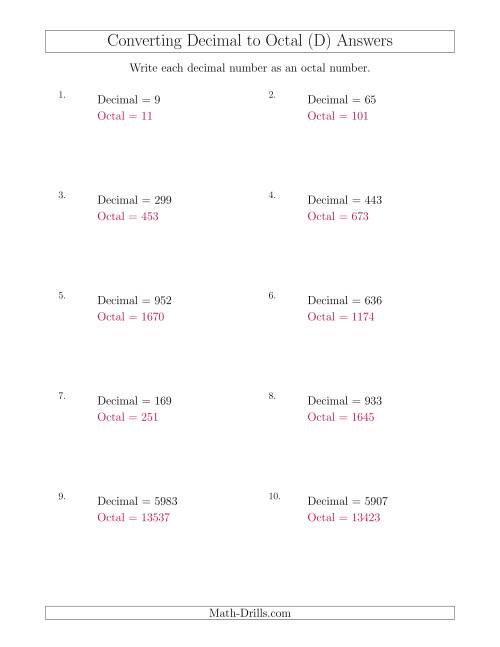 The Converting Decimal Numbers to Octal Numbers (D) Math Worksheet Page 2