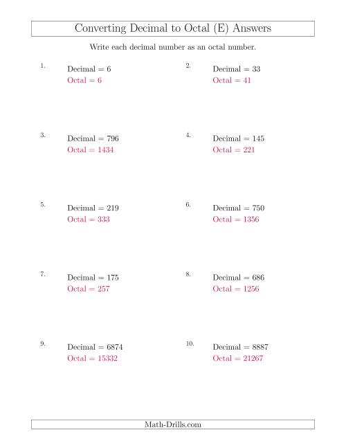 The Converting Decimal Numbers to Octal Numbers (E) Math Worksheet Page 2