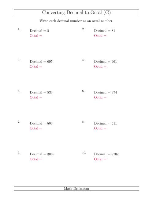 The Converting Decimal Numbers to Octal Numbers (G) Math Worksheet
