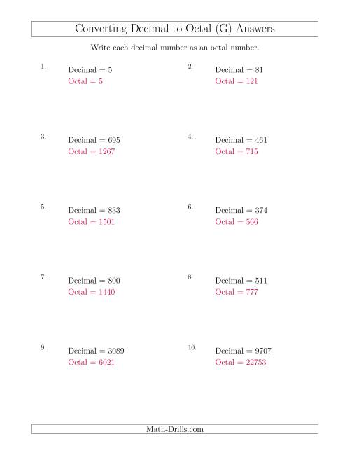 The Converting Decimal Numbers to Octal Numbers (G) Math Worksheet Page 2