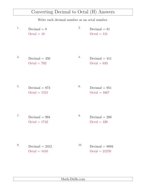 The Converting Decimal Numbers to Octal Numbers (H) Math Worksheet Page 2