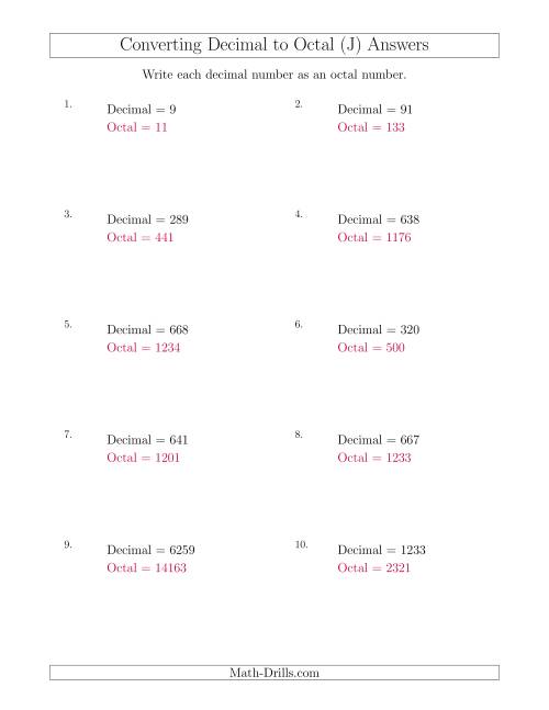 The Converting Decimal Numbers to Octal Numbers (J) Math Worksheet Page 2