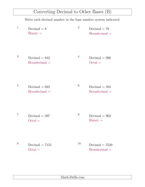 The Converting Decimal Numbers to Other Base Systems (B) Math Worksheet