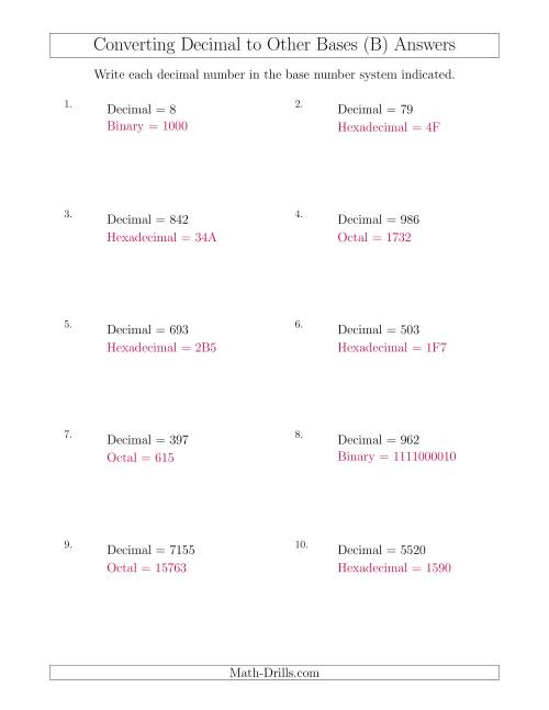 The Converting Decimal Numbers to Other Base Systems (B) Math Worksheet Page 2