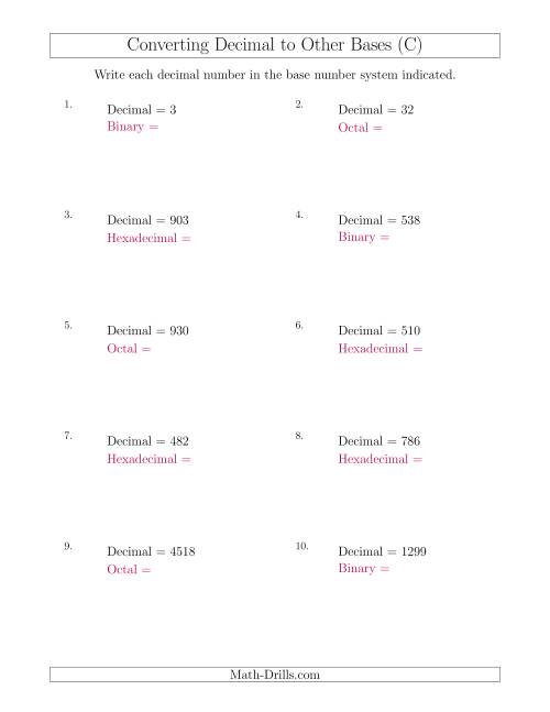 The Converting Decimal Numbers to Other Base Systems (C) Math Worksheet