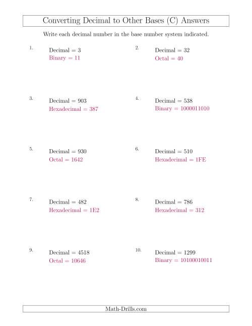 The Converting Decimal Numbers to Other Base Systems (C) Math Worksheet Page 2