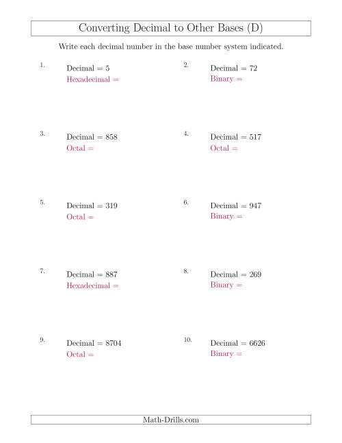 The Converting Decimal Numbers to Other Base Systems (D) Math Worksheet