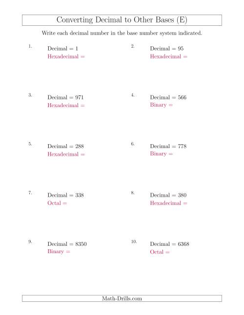 The Converting Decimal Numbers to Other Base Systems (E) Math Worksheet