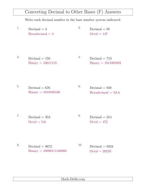 The Converting Decimal Numbers to Other Base Systems (F) Math Worksheet Page 2
