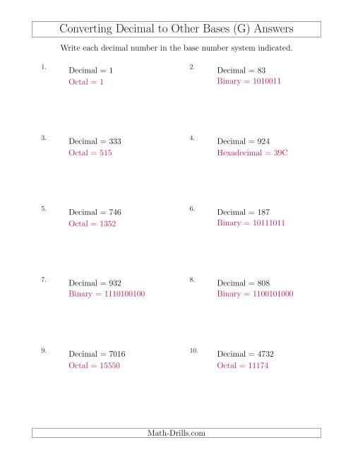 The Converting Decimal Numbers to Other Base Systems (G) Math Worksheet Page 2