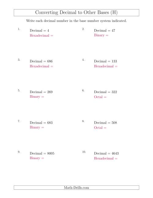 The Converting Decimal Numbers to Other Base Systems (H) Math Worksheet