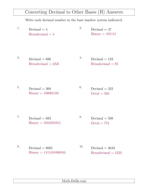 The Converting Decimal Numbers to Other Base Systems (H) Math Worksheet Page 2