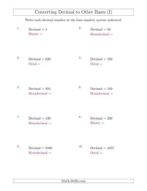The Converting Decimal Numbers to Other Base Systems (I) Math Worksheet
