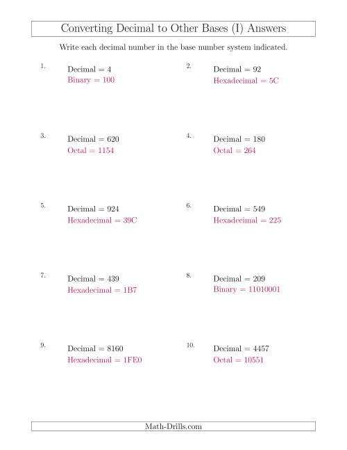 The Converting Decimal Numbers to Other Base Systems (I) Math Worksheet Page 2