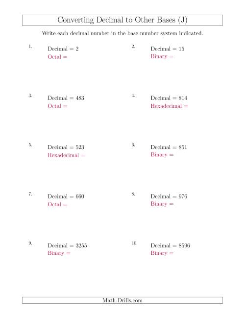 The Converting Decimal Numbers to Other Base Systems (J) Math Worksheet