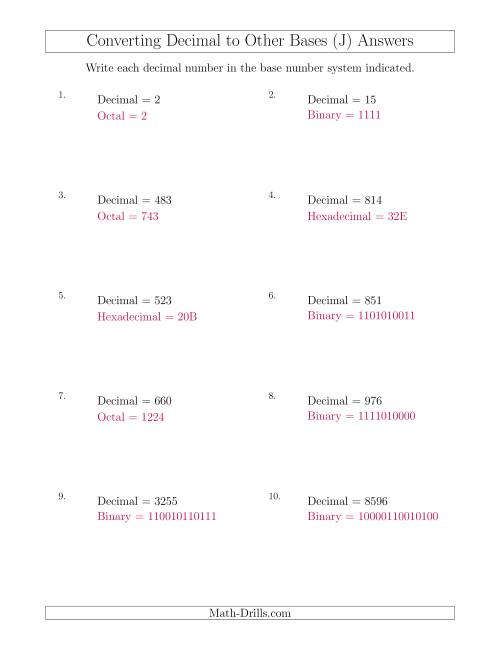 The Converting Decimal Numbers to Other Base Systems (J) Math Worksheet Page 2
