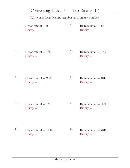 The Converting Hexadecimal Numbers to Binary Numbers (B) Math Worksheet