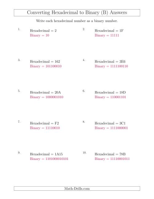 The Converting Hexadecimal Numbers to Binary Numbers (B) Math Worksheet Page 2