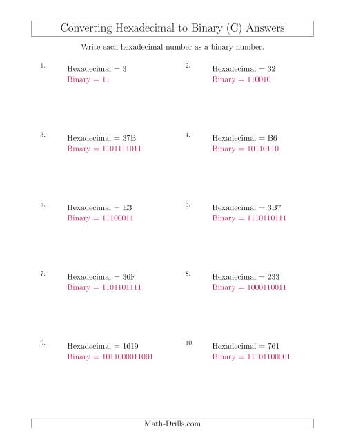 The Converting Hexadecimal Numbers to Binary Numbers (C) Math Worksheet Page 2