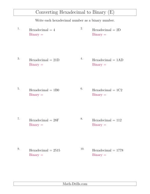 The Converting Hexadecimal Numbers to Binary Numbers (E) Math Worksheet