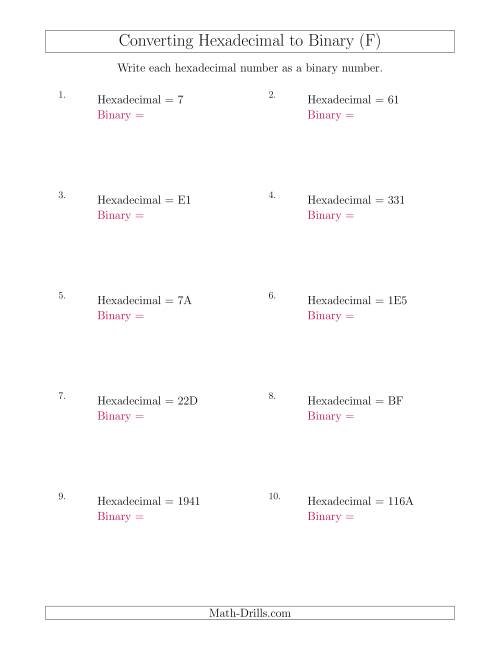The Converting Hexadecimal Numbers to Binary Numbers (F) Math Worksheet